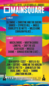 Citadelle Arras Main Square Festival Affiche Programmation DJ Snake Damso Cypress Hill Angele Lomepal Skip the use Agar Agar Shame Arnaud Rebontini Eddy de Pretto Editors BigFlo Oli Tamino Juillet